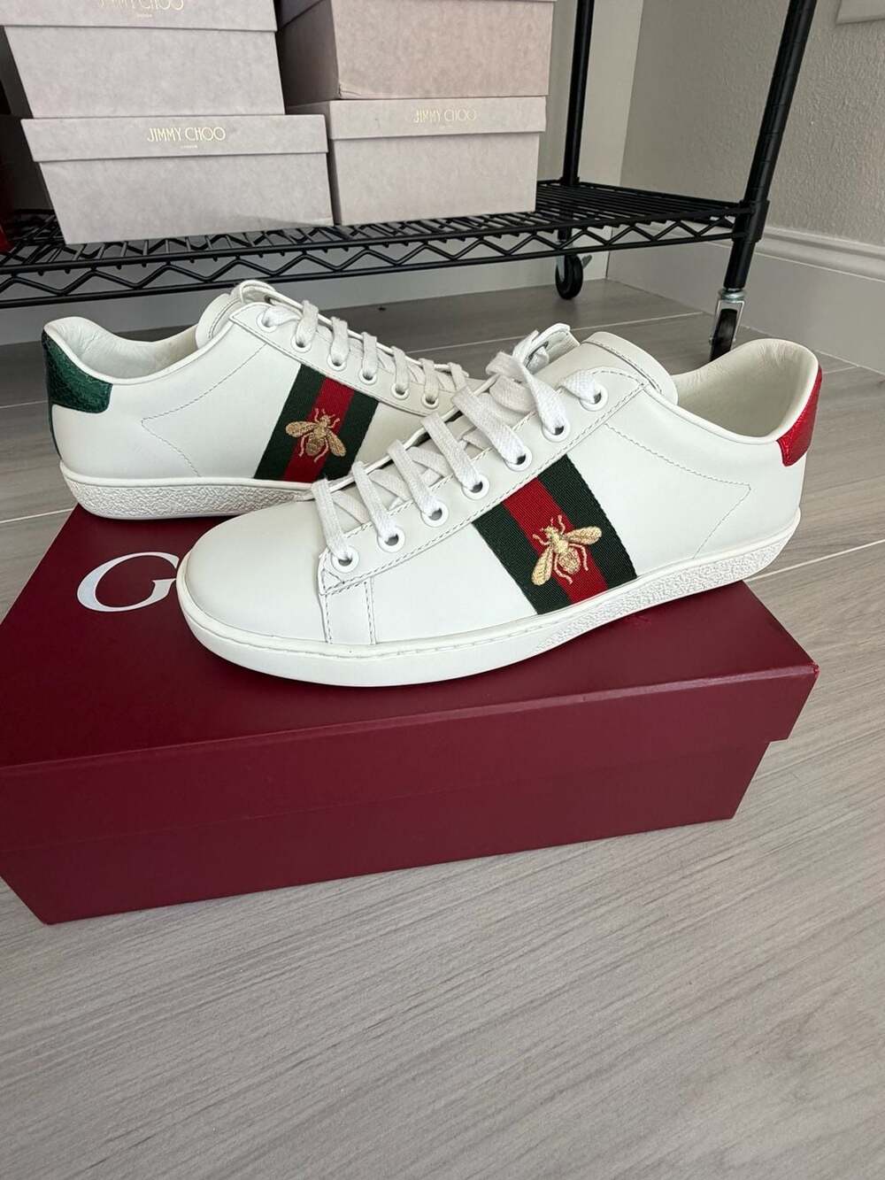 New Gucci Ace Bee Leather Sneakers White Web Stripe Embroidered Bee EU 37.5